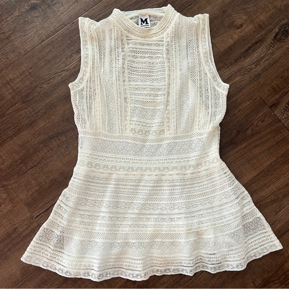 M Missoni Ivory Lace Peplum Top Sleeveless Textured Knit